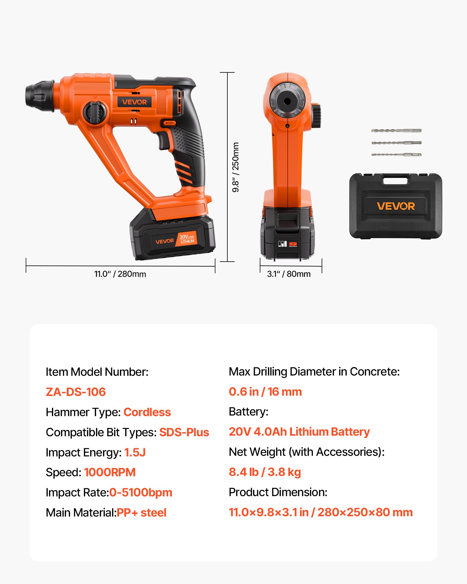 VEVOR 20V Cordless Hammer Drill, Lithium-Ion 0.6 Inch Rotary Hammer Driver, SDS-Plus Electric Lightweight Power Tool Kit with Battery and Charger, 2 Functions, 1000 RPM, 5100 BPM