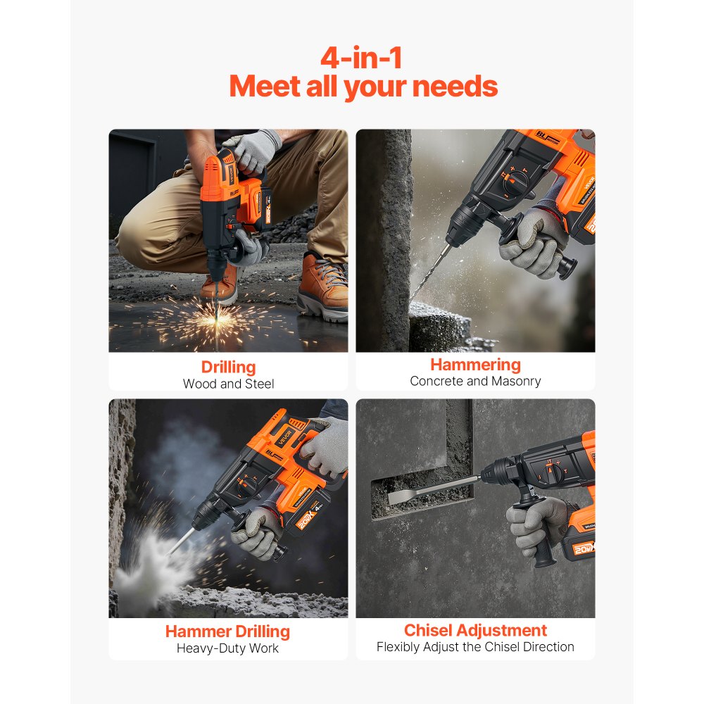 VEVOR 20V Brushless Cordless Hammer Drill, Lithium-Ion 1.1 Inch Rotary Hammer Driver, SDS-Plus Electric Lightweight Power Tool Kit with Battery and Charger, 4 Functions, 1200 RPM, 5300 BPM