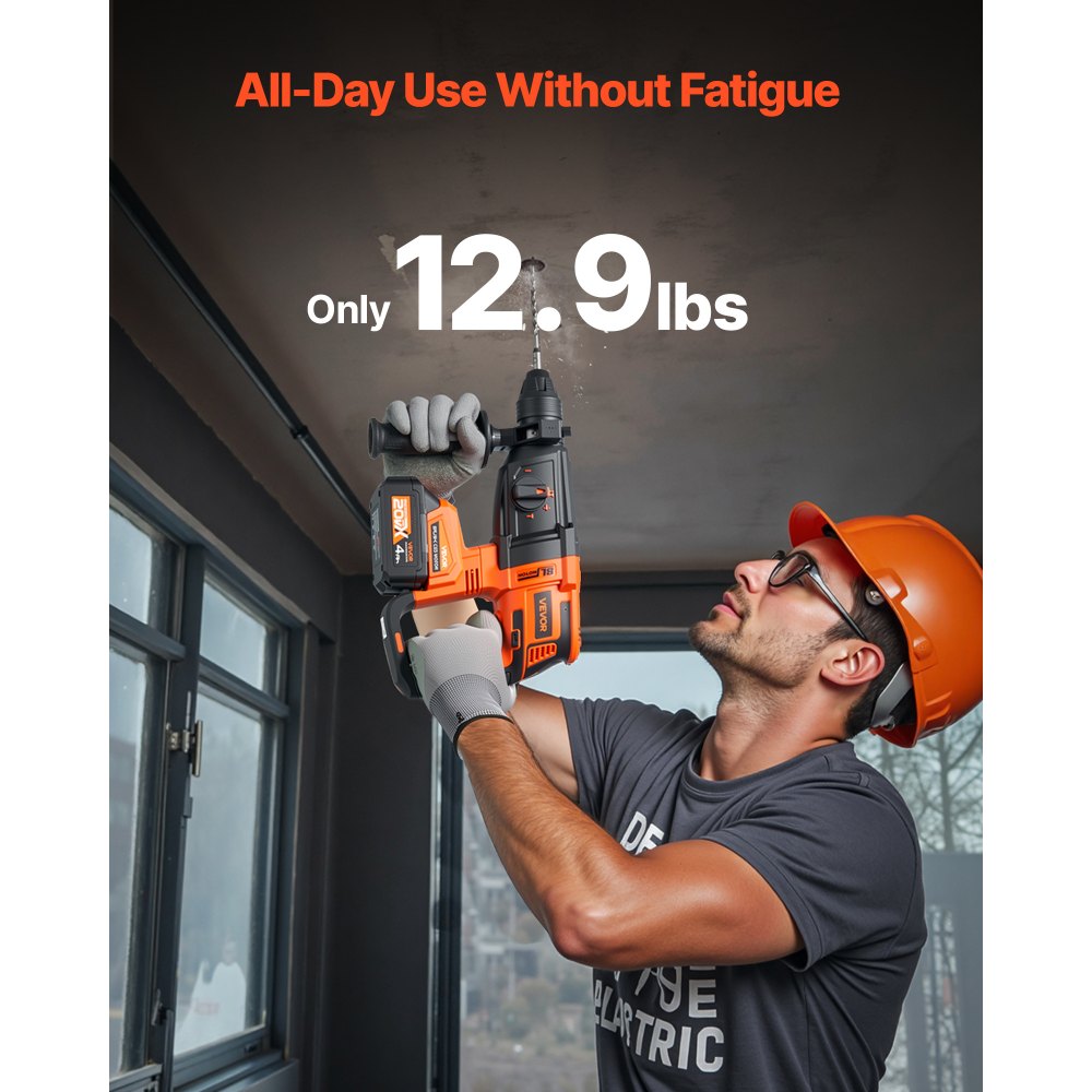 VEVOR 20V Brushless Cordless Hammer Drill, Lithium-Ion 1.1 Inch Rotary Hammer Driver, SDS-Plus Electric Lightweight Power Tool Kit with Battery and Charger, 4 Functions, 1200 RPM, 5300 BPM