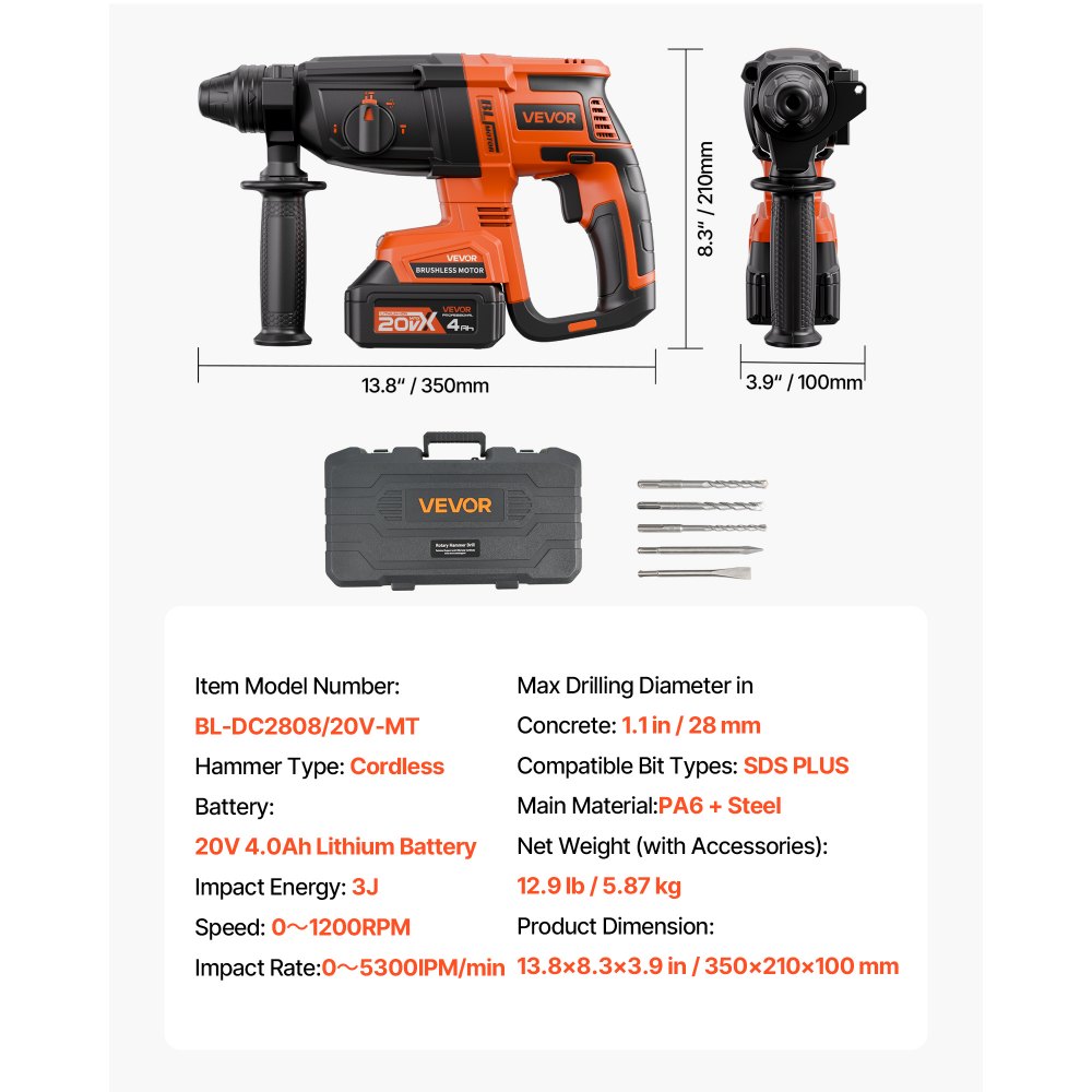 VEVOR 20V Brushless Cordless Hammer Drill, Lithium-Ion 1.1 Inch Rotary Hammer Driver, SDS-Plus Electric Lightweight Power Tool Kit with Battery and Charger, 4 Functions, 1200 RPM, 5300 BPM