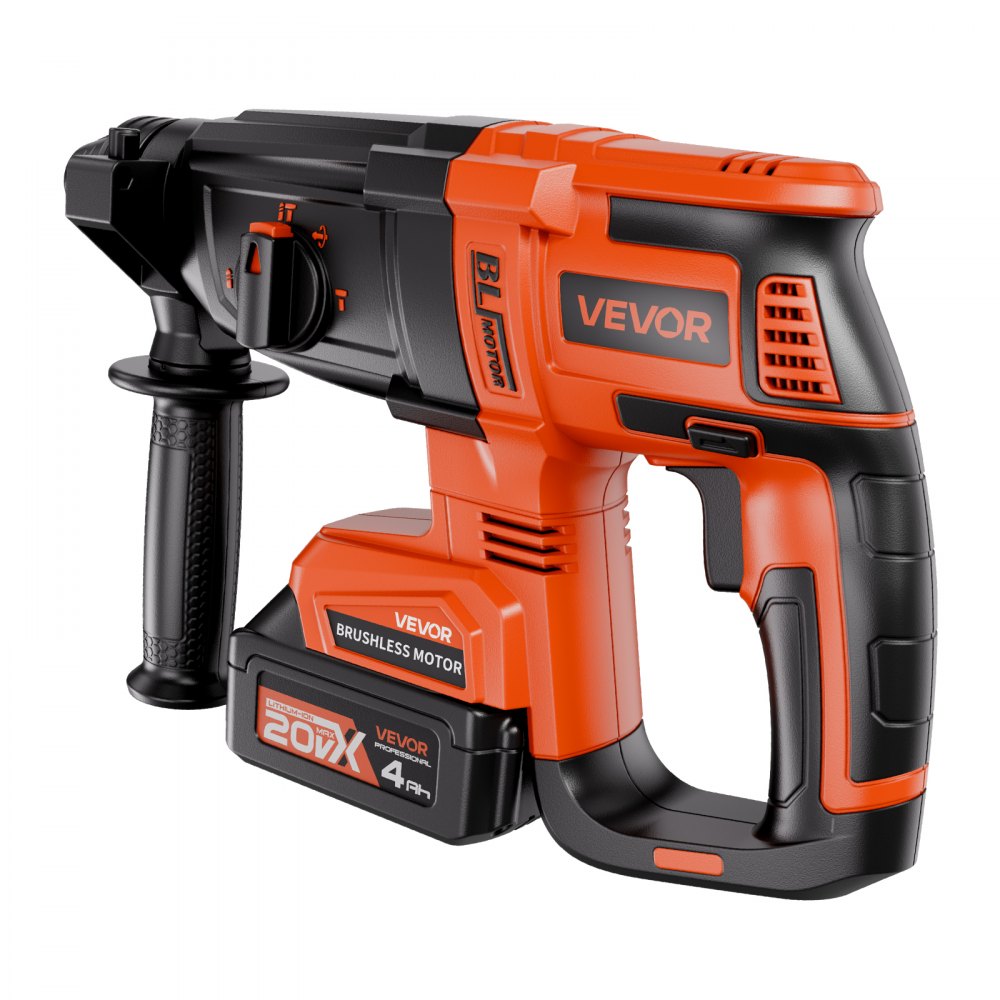 VEVOR 20V Brushless Cordless Hammer Drill, Lithium-Ion 1.1 Inch Rotary Hammer Driver, SDS-Plus Electric Lightweight Power Tool Kit with Battery and Charger, 4 Functions, 1200 RPM, 5300 BPM