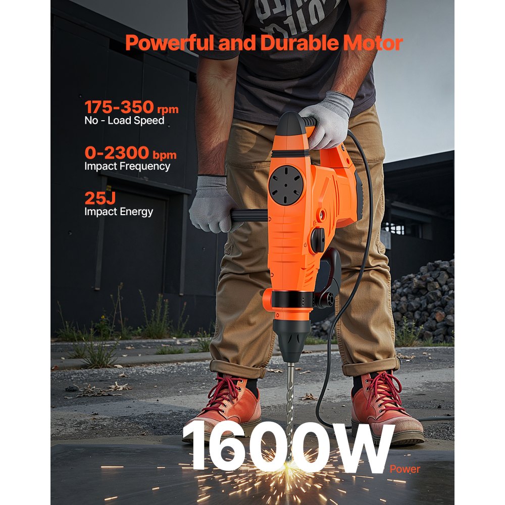 VEVOR Corded Hammer Drill, 1600W 175-350RPM Electric Demolition Drills, 2-Inch SDS-Max Rotary Hammer Driver, 3 Functions Chipping Power Tool Kit for Concrete, Drilling Wood Plastic