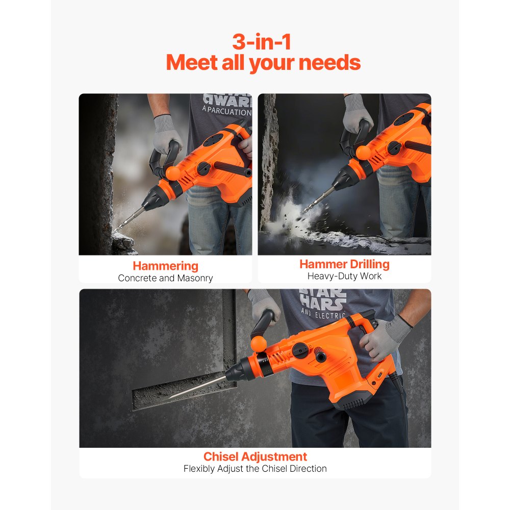 VEVOR Corded Hammer Drill, 1600W 175-350RPM Electric Demolition Drills, 2-Inch SDS-Max Rotary Hammer Driver, 3 Functions Chipping Power Tool Kit for Concrete, Drilling Wood Plastic