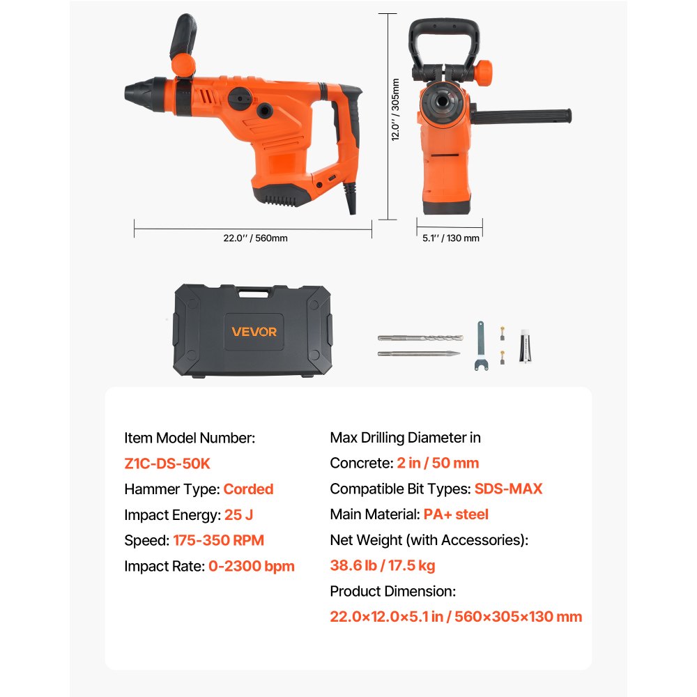 VEVOR Corded Hammer Drill, 1600W 175-350RPM Electric Demolition Drills, 2-Inch SDS-Max Rotary Hammer Driver, 3 Functions Chipping Power Tool Kit for Concrete, Drilling Wood Plastic
