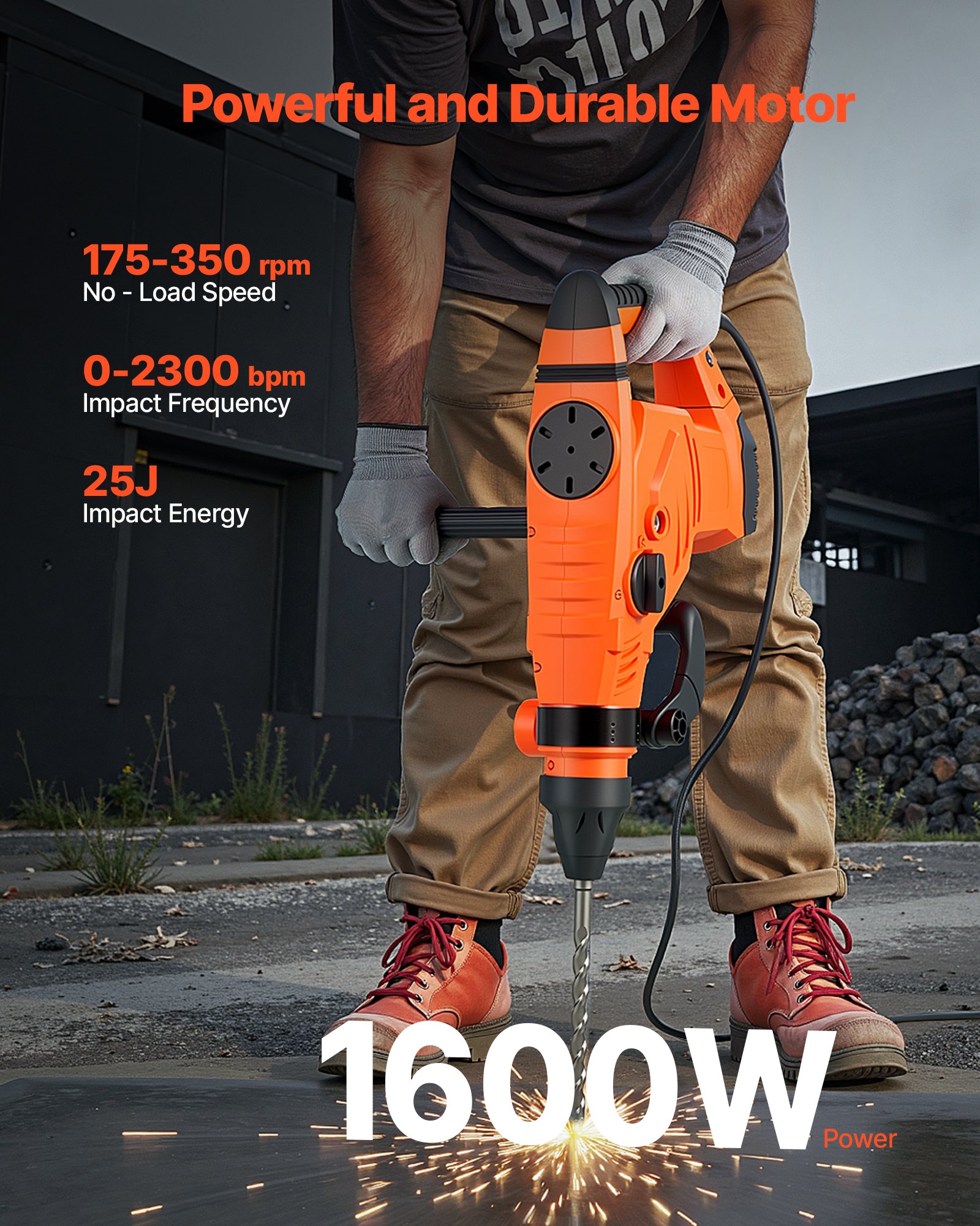 VEVOR Corded Hammer Drill, 1600W 175-350RPM Electric Demolition Drills, 2-Inch SDS-Max Rotary Hammer Driver, 3 Functions Chipping Power Tool Kit for Concrete, Drilling Wood Plastic