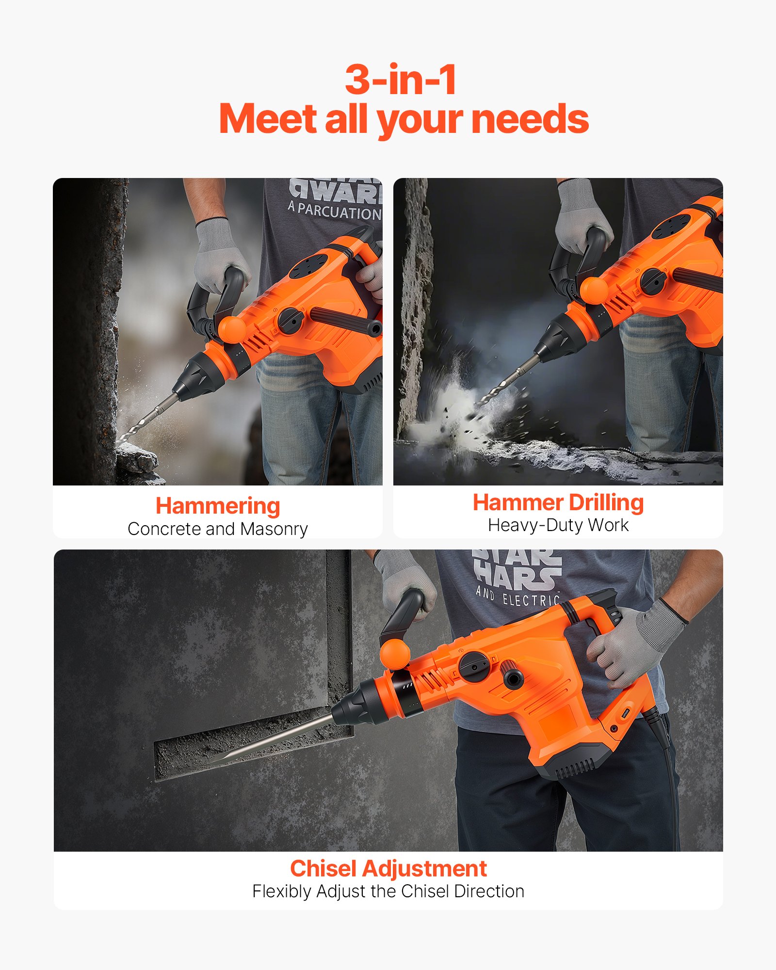 VEVOR Corded Hammer Drill, 1600W 175-350RPM Electric Demolition Drills, 2-Inch SDS-Max Rotary Hammer Driver, 3 Functions Chipping Power Tool Kit for Concrete, Drilling Wood Plastic