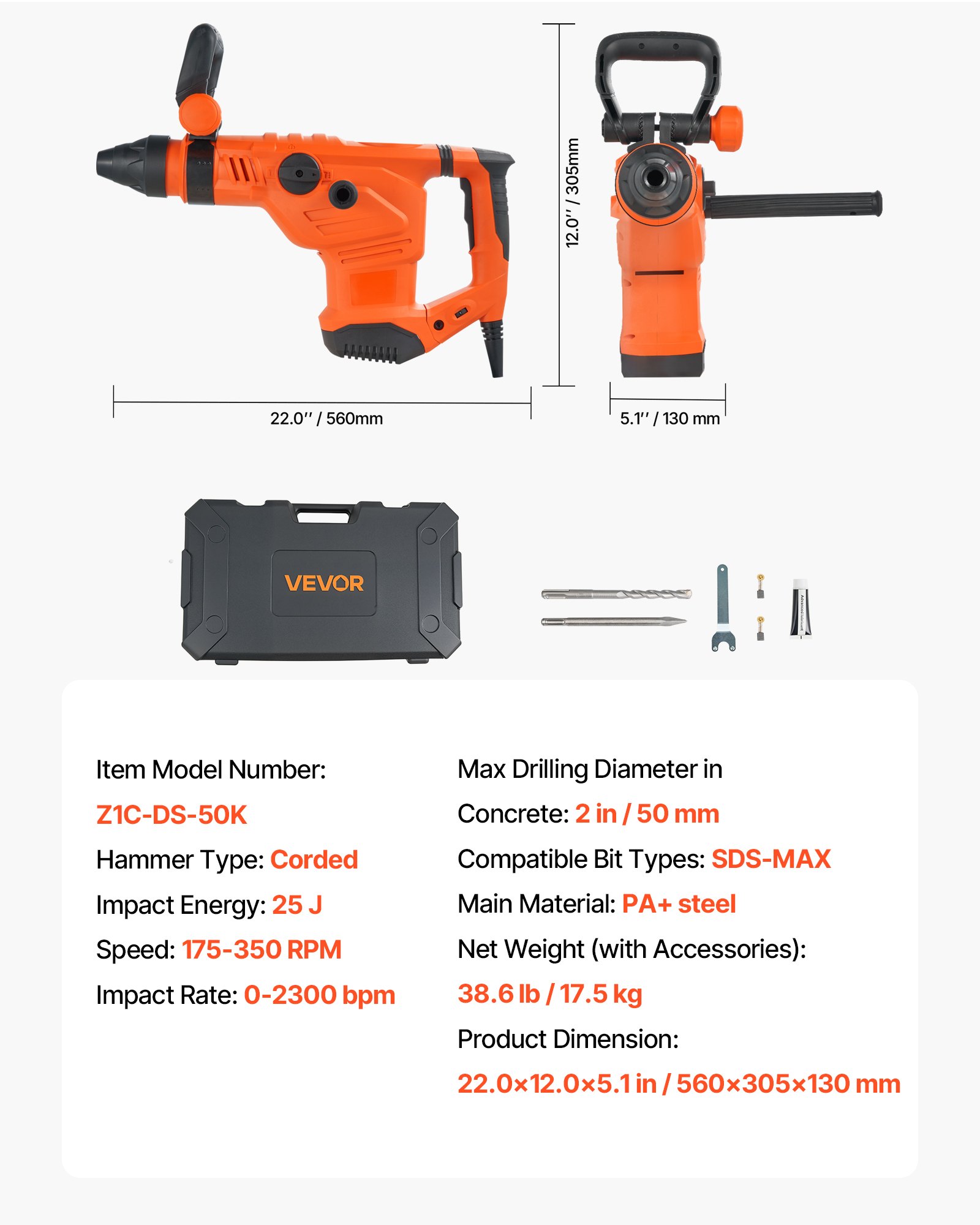 VEVOR Corded Hammer Drill, 1600W 175-350RPM Electric Demolition Drills, 2-Inch SDS-Max Rotary Hammer Driver, 3 Functions Chipping Power Tool Kit for Concrete, Drilling Wood Plastic