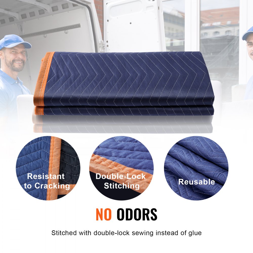 VEVOR Moving Blankets, 1829x1016 mm, 12 kg/dz Weight, 6 Packs, Professional Non-Woven & Recycled Cotton Packing Blanket, Heavy Duty Mover Pads for Protecting Furniture, Floors, Appliances, Blue/Orange