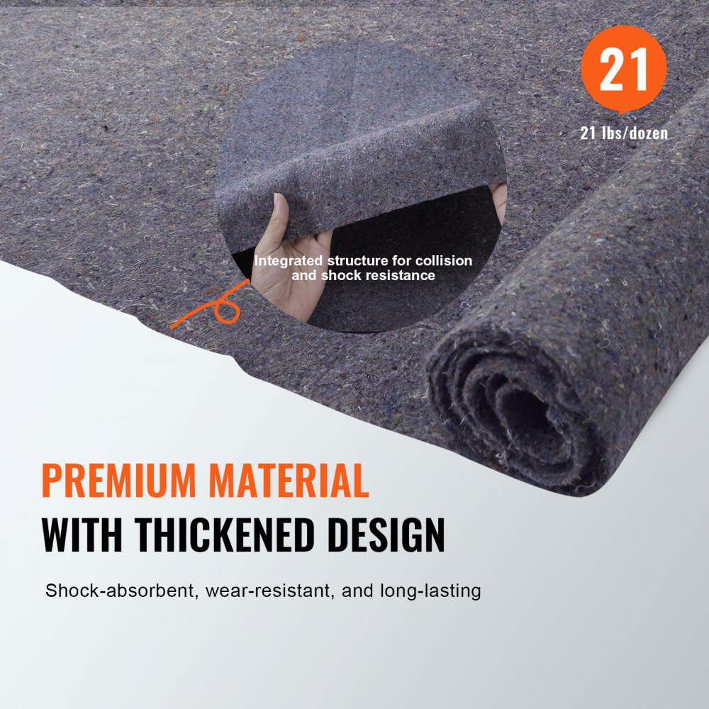 VEVOR moving blankets, 21 lbs/dozen, showcase premium material, thickened design, shock-resistant, and durable.