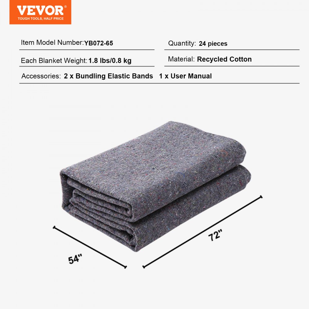 VEVOR moving blankets, 54&quot;x72&quot;, recycled cotton, 1.8 lbs each, pack of 24 with elastic bands and manual.