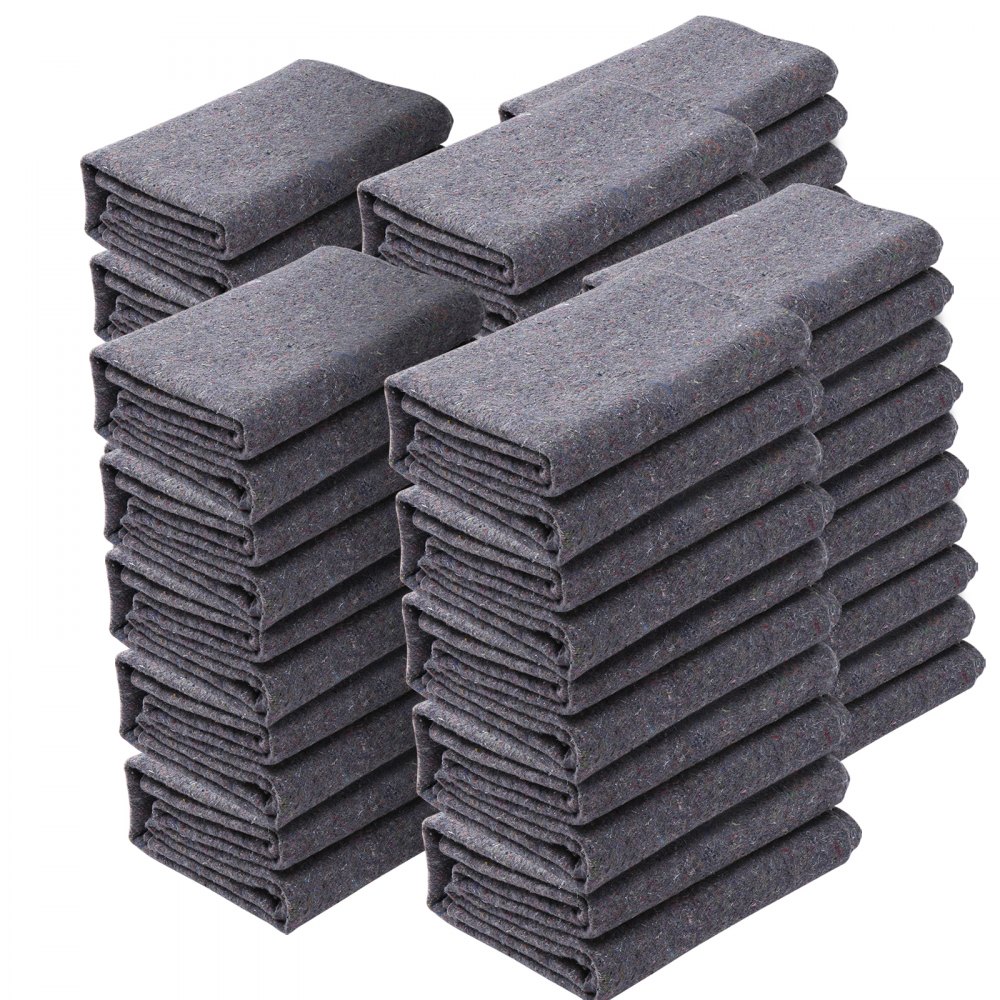 stacked gray VEVOR moving blankets neatly folded, ready for transport and protection.