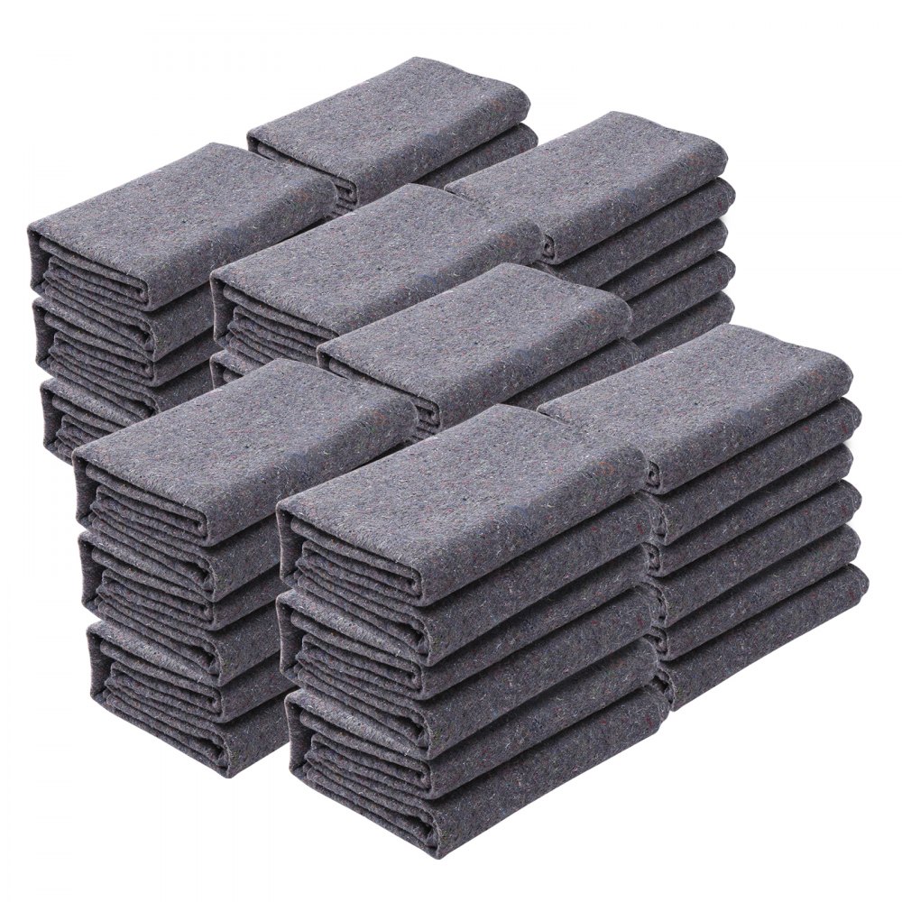 stacks of folded grey VEVOR moving blankets arranged neatly in rows.