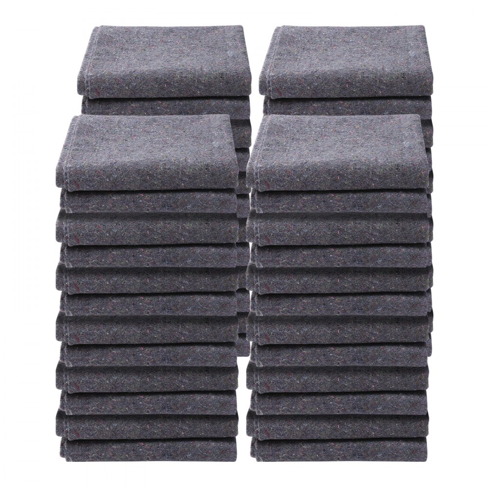 stacks of folded gray VEVOR moving blankets arranged in four neat piles.