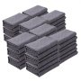 stacks of folded grey VEVOR moving blankets arranged neatly in rows.