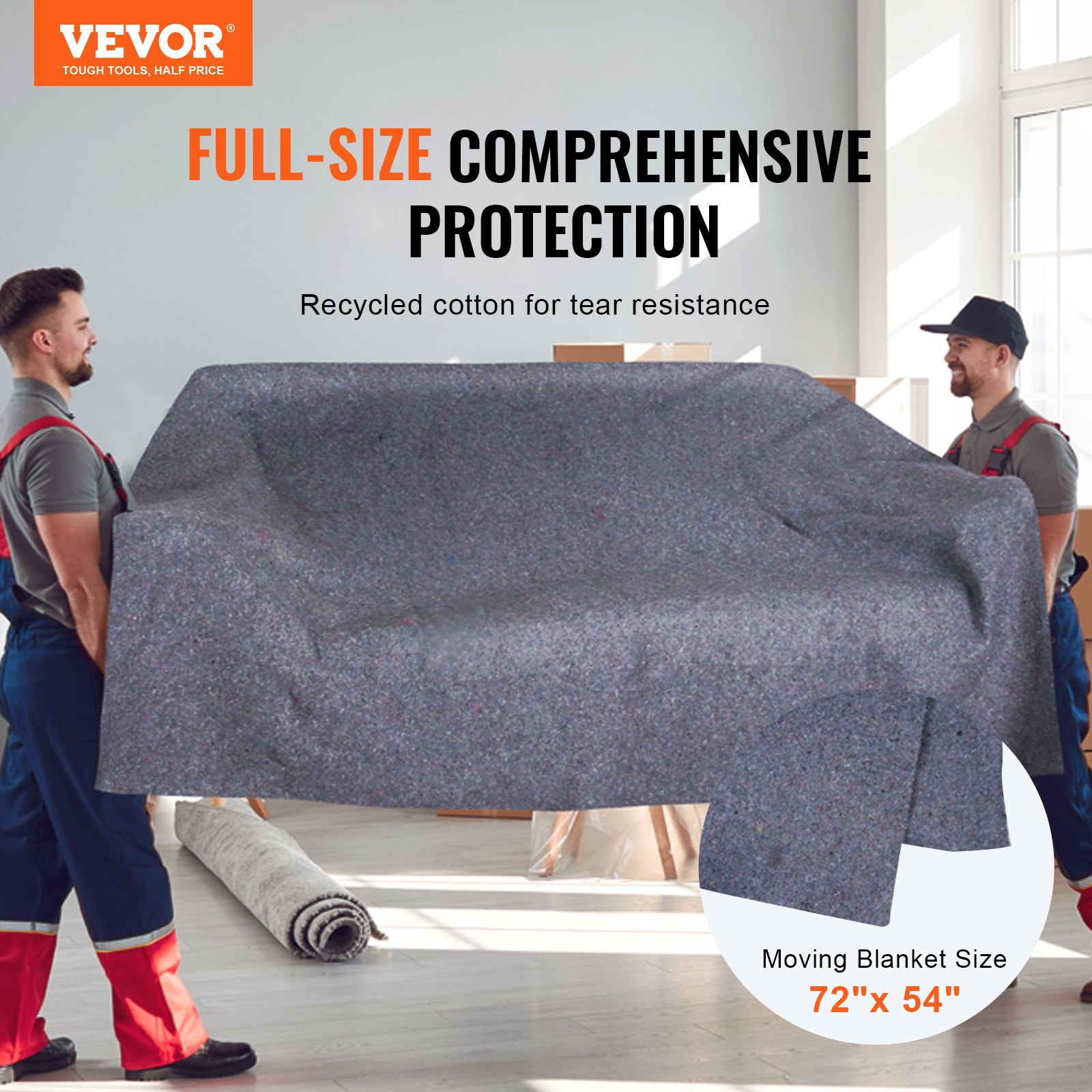VEVOR moving blankets for full-size comprehensive protection, 72&quot;x54&quot;, recycled cotton for tear resistance.