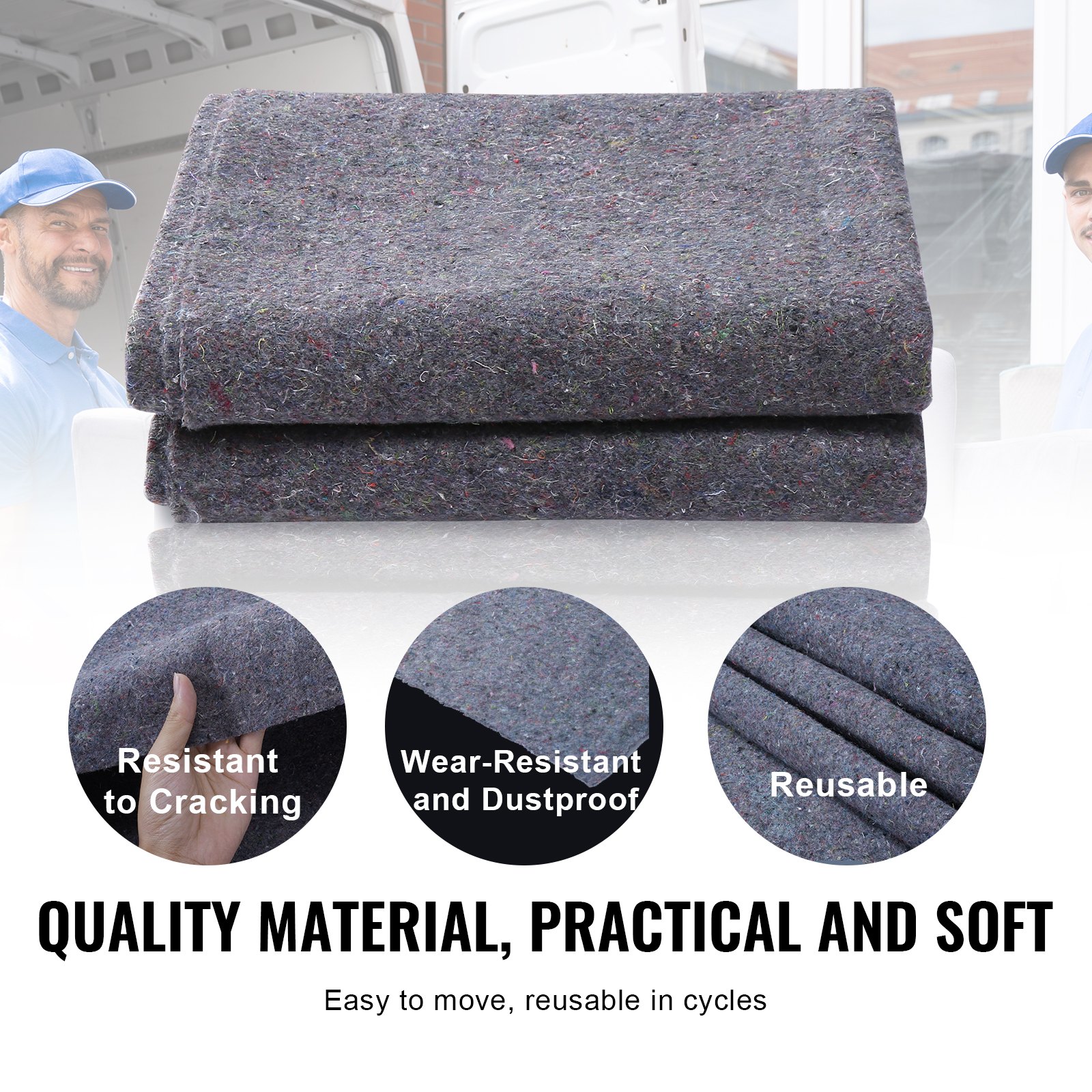 VEVOR moving blankets - quality material, resistant to cracking, wear-resistant, dustproof, reusable.