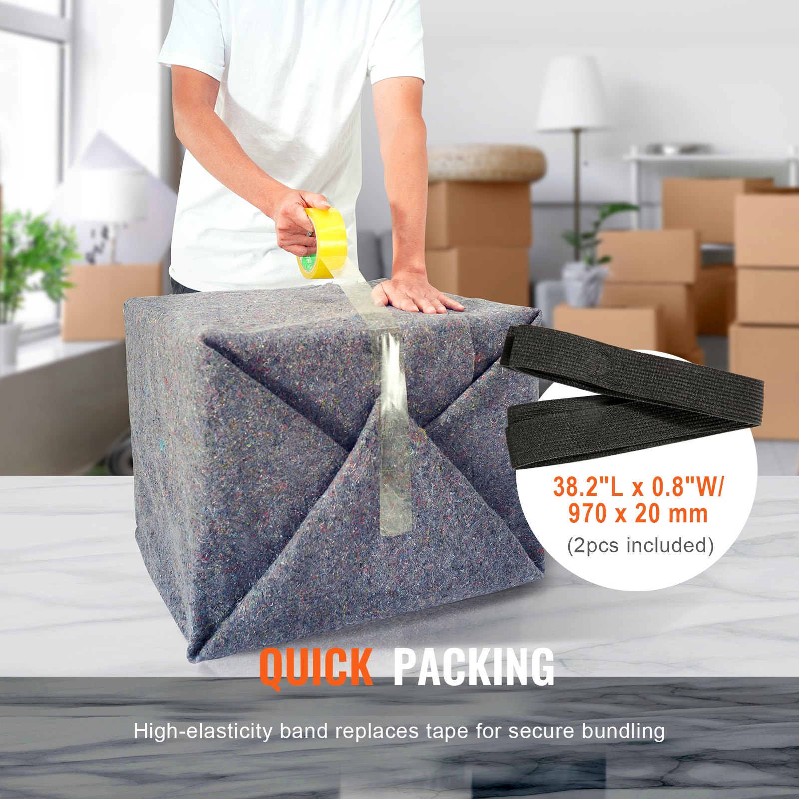 person taping VEVOR moving blankets on a box, with elastic bands, in a room with moving boxes.