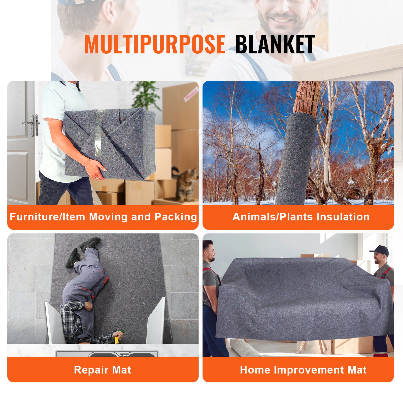 multipurpose VEVOR moving blankets for packing, insulation, repairs, and home improvement projects.