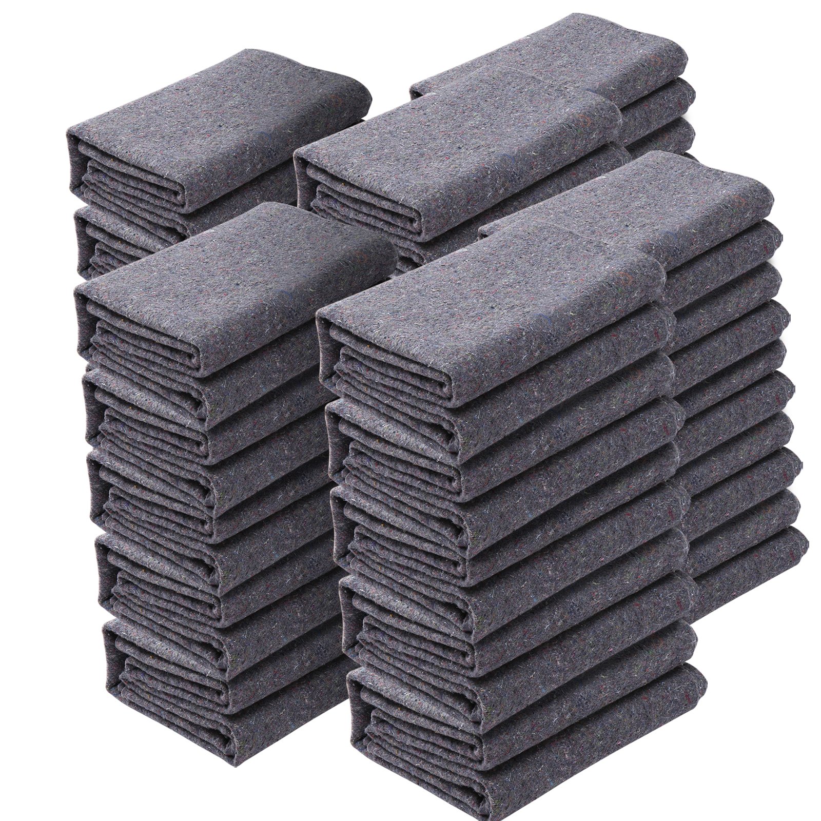 stacked gray VEVOR moving blankets neatly folded, ready for transport and protection.