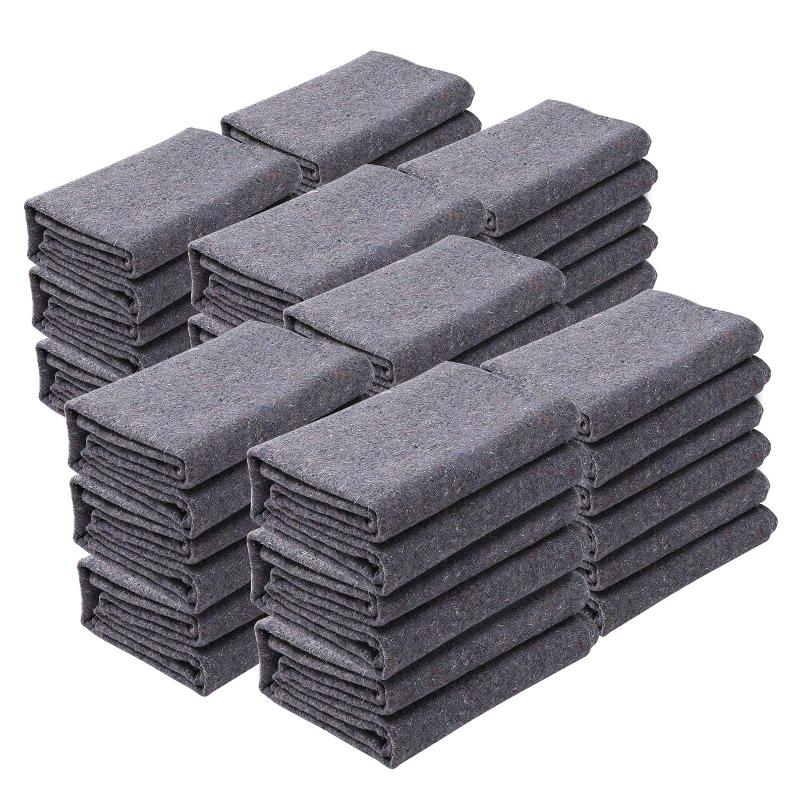 stacks of folded grey VEVOR moving blankets arranged neatly in rows.