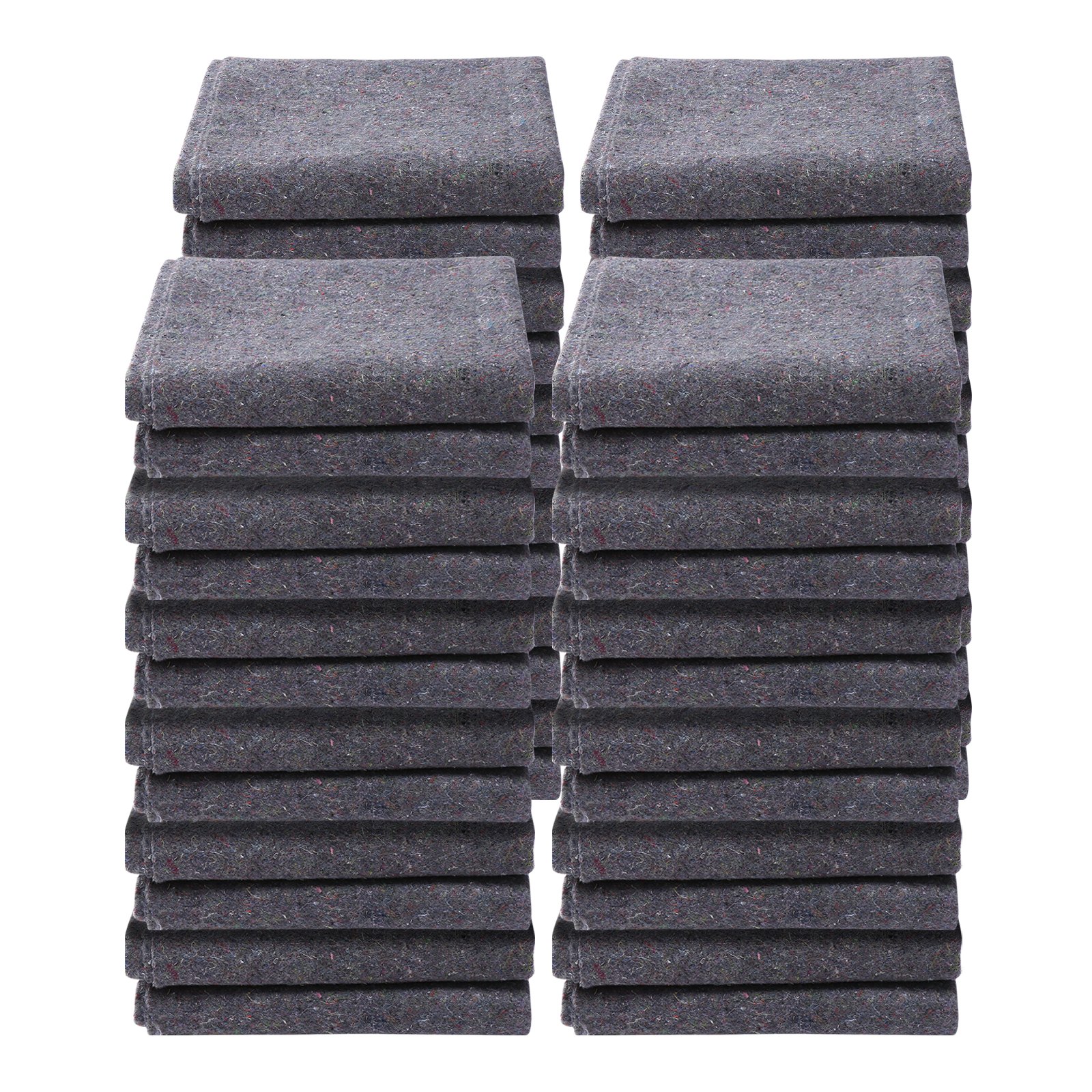 stacks of folded gray VEVOR moving blankets arranged in four neat piles.