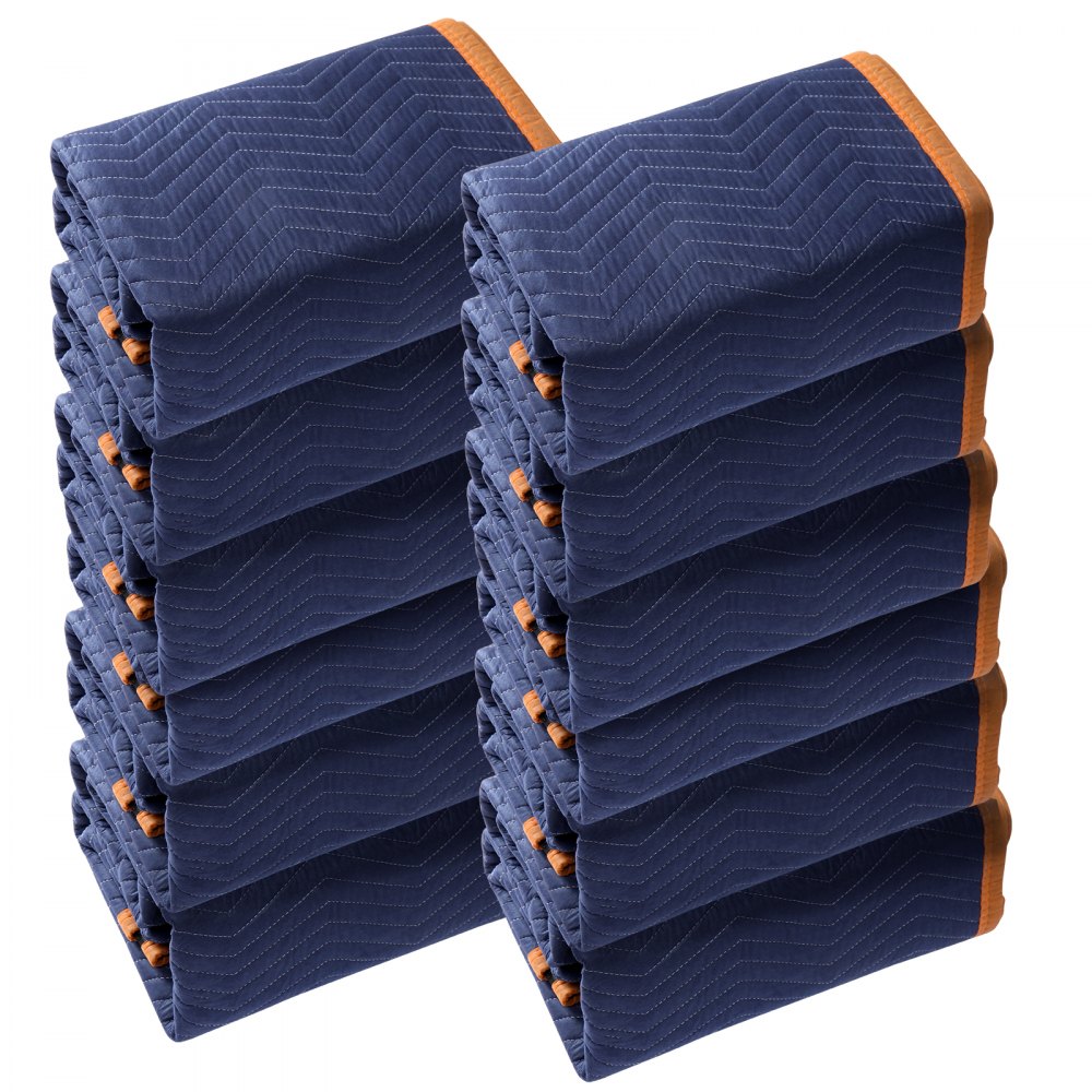 stacked VEVOR moving blankets in blue with orange trim, neatly folded in multiple piles.
