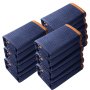 stacked blue VEVOR moving blankets with orange trim, neatly folded in two columns.