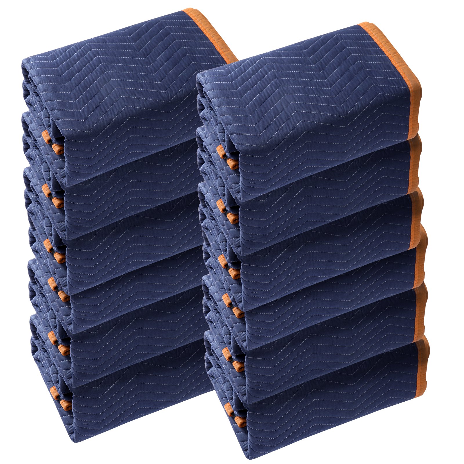 stacked VEVOR moving blankets in blue with orange trim, neatly folded in multiple piles.
