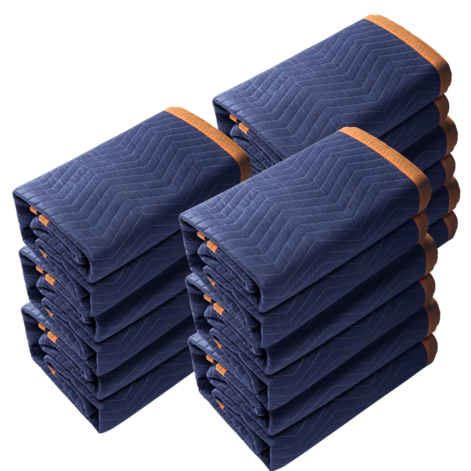stacked blue VEVOR moving blankets with orange trim, neatly folded in two columns.