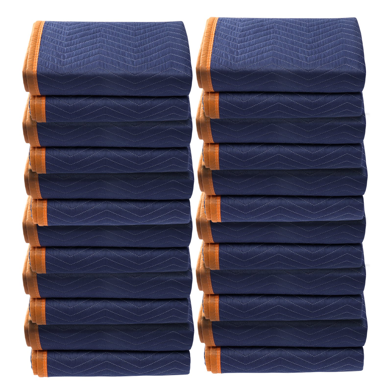 stacked blue VEVOR moving blankets with orange trim on white background.