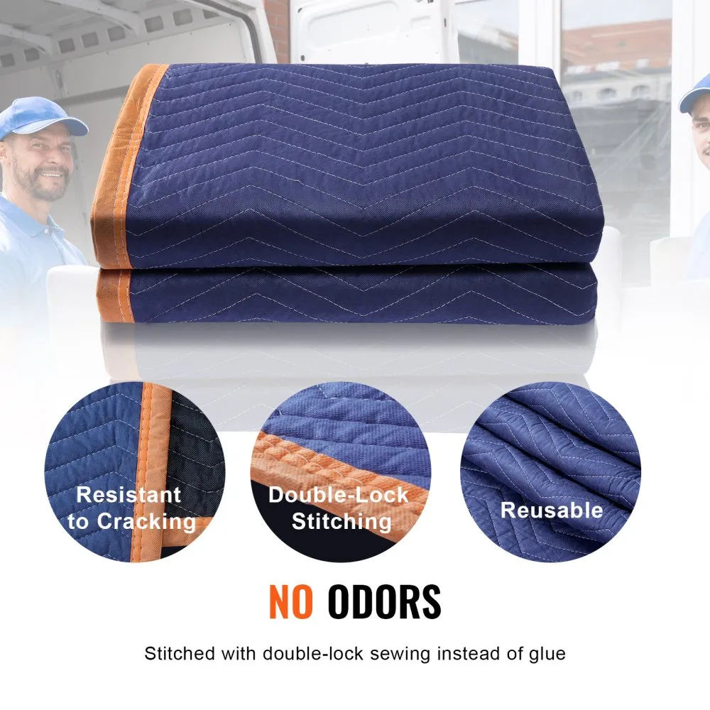 VEVOR moving blankets: blue, double-lock stitching, odorless, reusable, resistant to cracking.