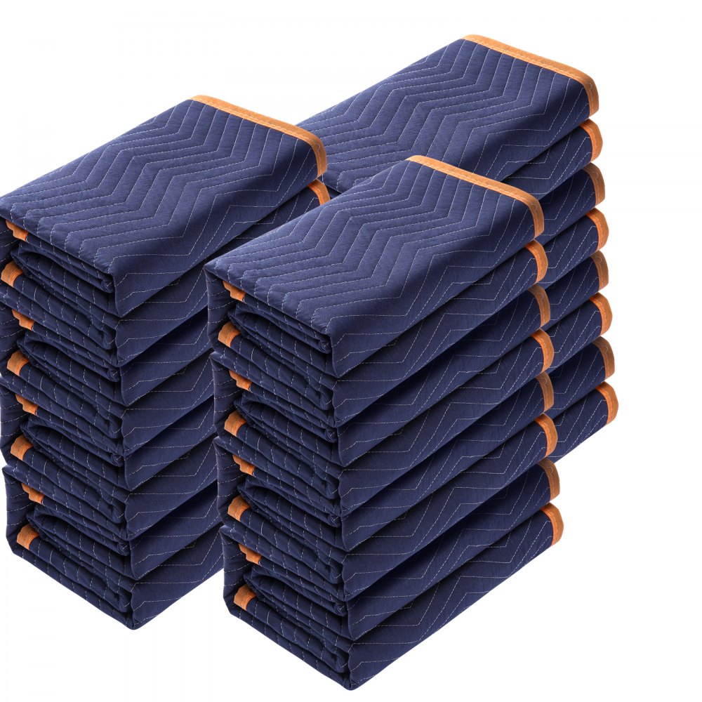 stack of folded VEVOR moving blankets, blue with an orange trim, arranged in two neat piles.