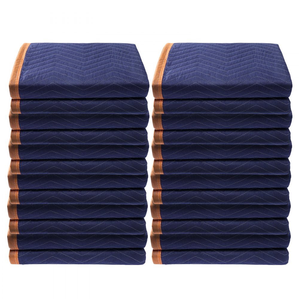 stacked blue VEVOR moving blankets with brown edges in two piles.