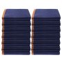 stacked blue VEVOR moving blankets with brown edges in two piles.