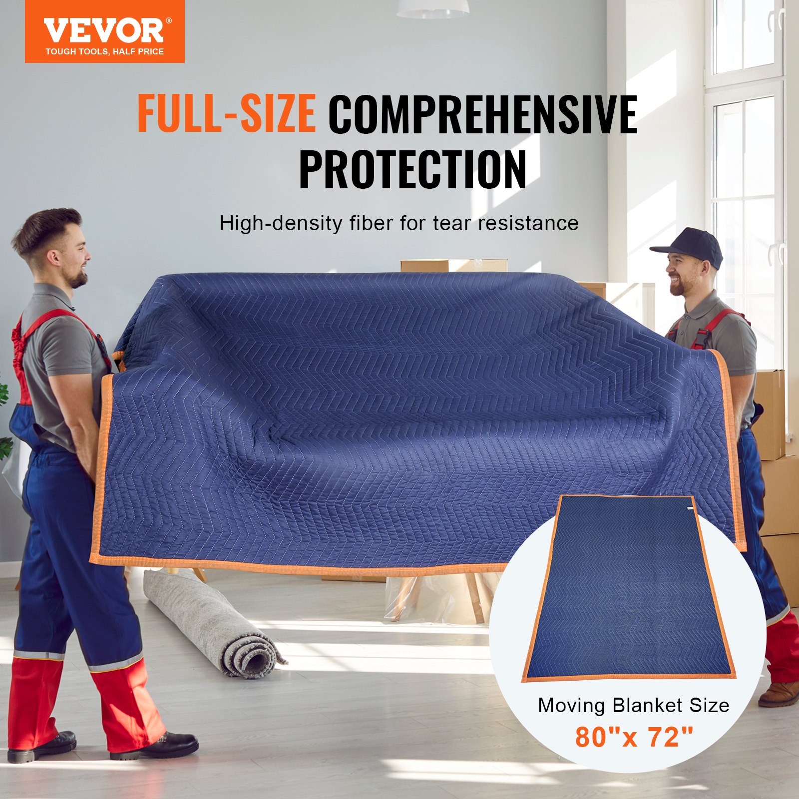 VEVOR moving blankets provide full-size comprehensive protection with high-density fiber for tear resistance.