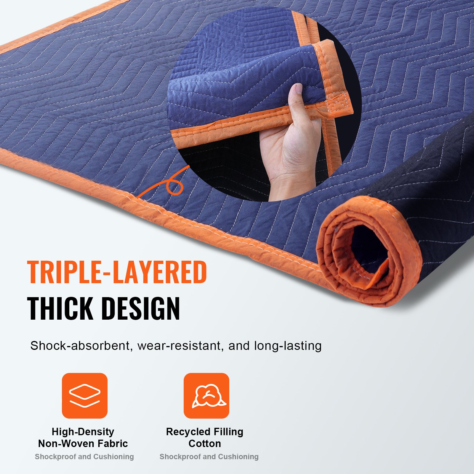 triple-layered VEVOR moving blankets with high-density fabric, recycled filling, shockproof design, folded edges.