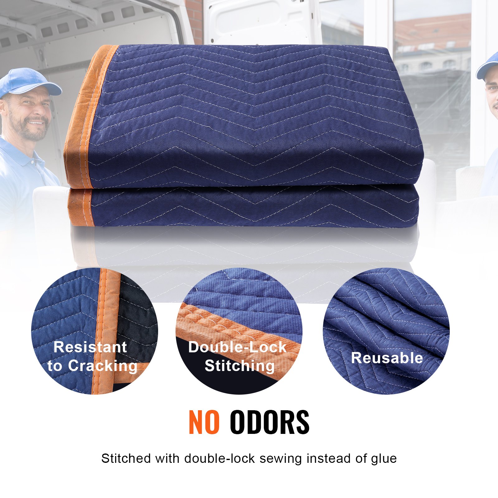 VEVOR moving blankets: blue, double-lock stitching, odorless, reusable, resistant to cracking.