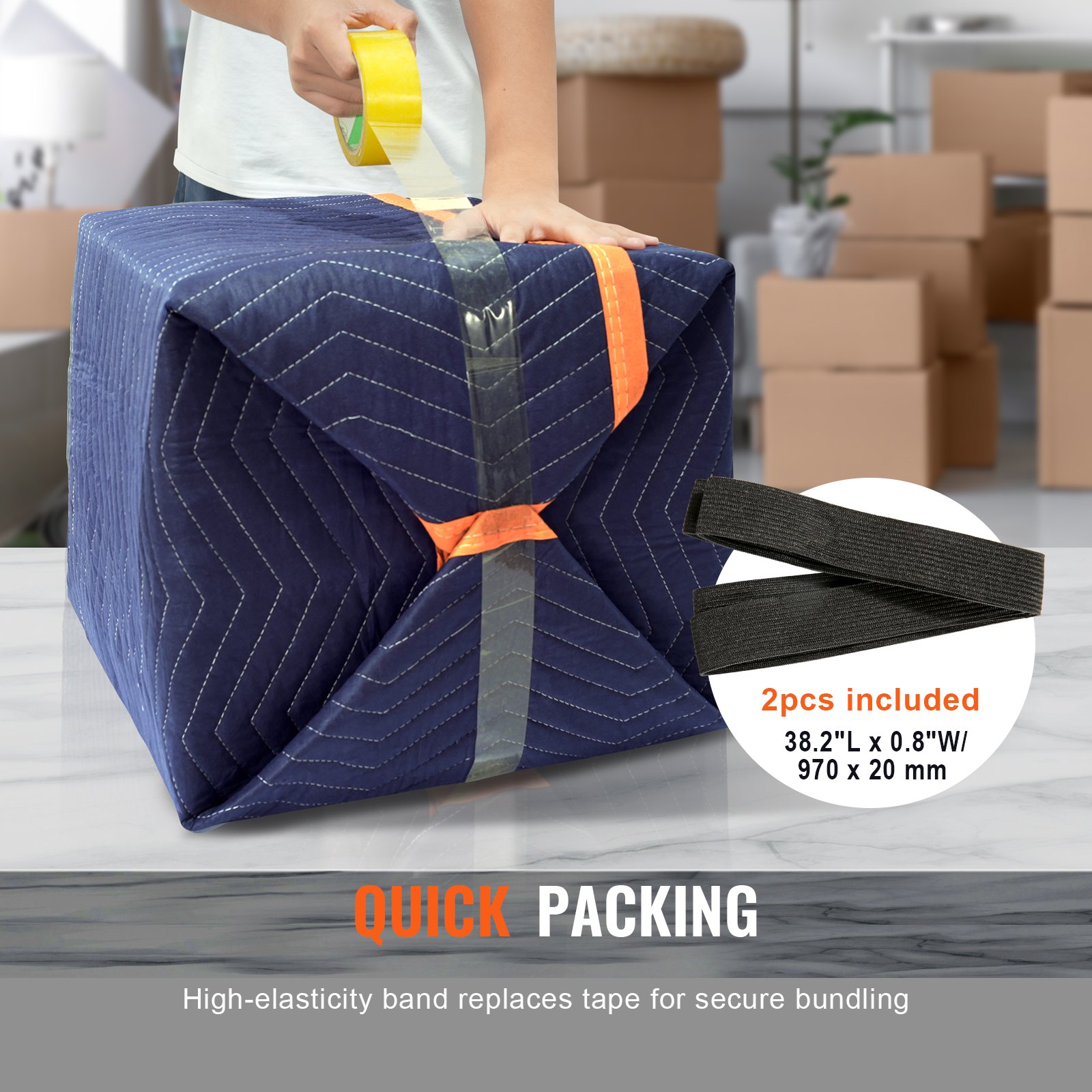 person using tape on a box wrapped in VEVOR moving blankets, with 2 black bands included.