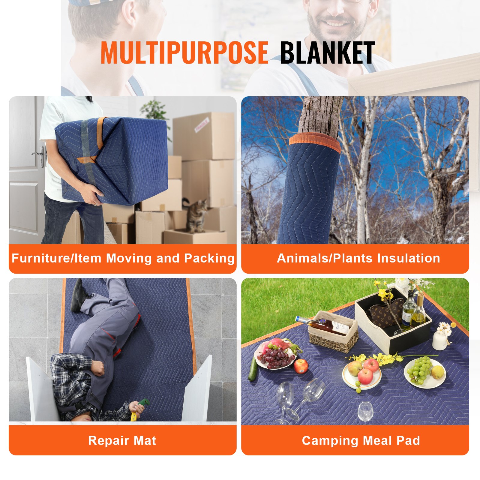 multipurpose VEVOR moving blankets for packing, insulation, repairs, and camping meals.
