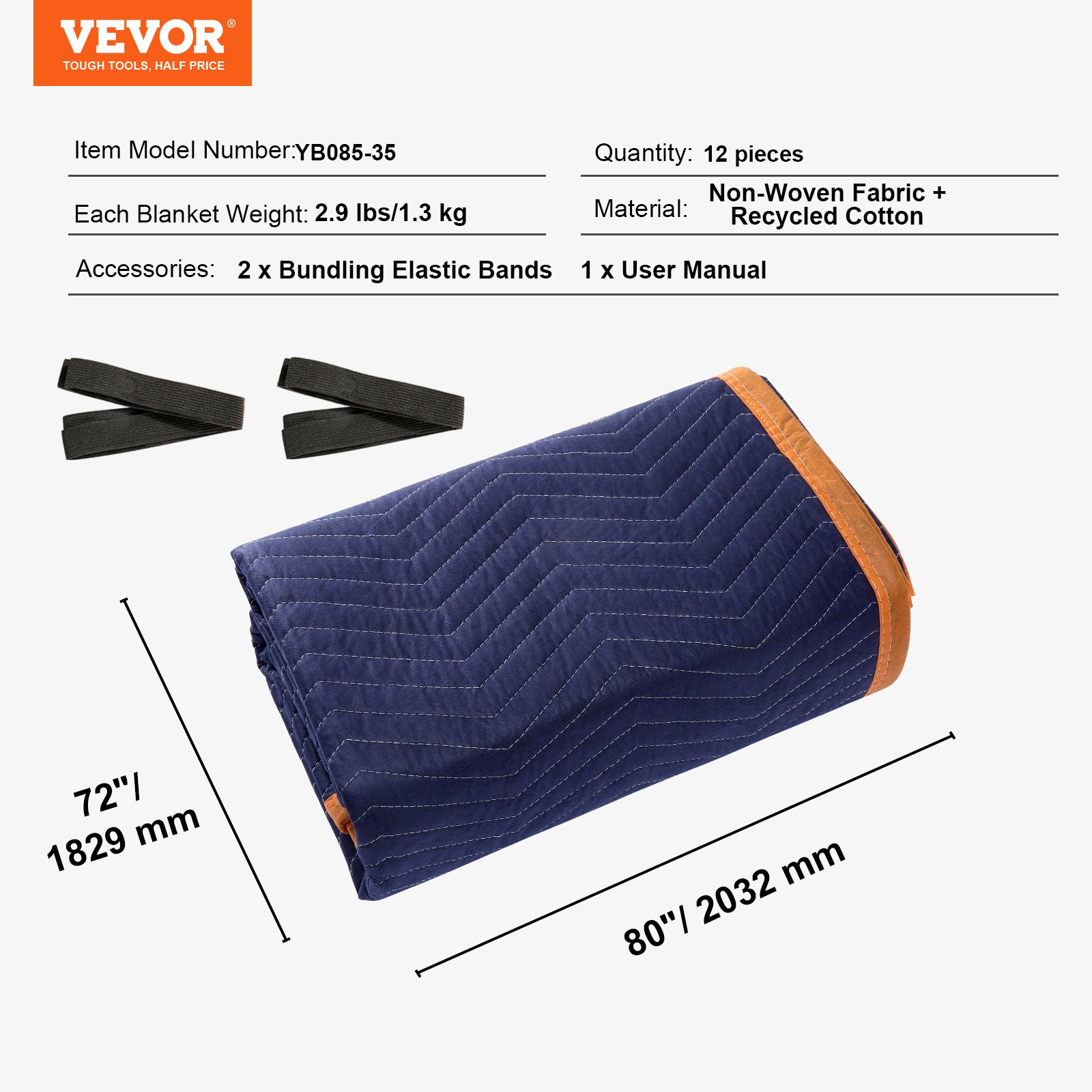 VEVOR moving blankets, model yb085-35, 80&quot;x72&quot;, set of 12, with accessories and user manual.