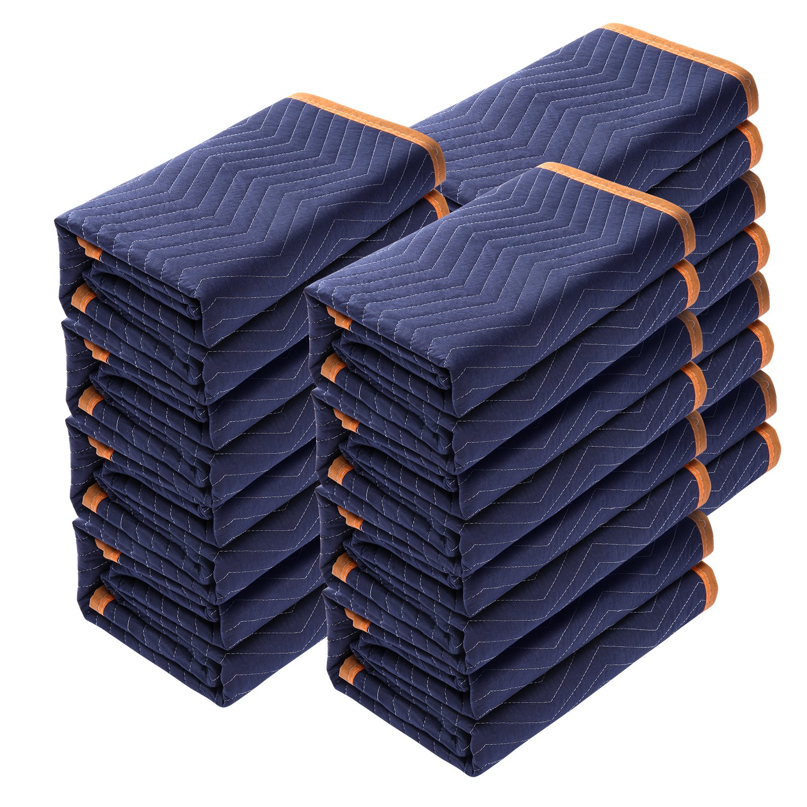 stacks of blue VEVOR moving blankets with orange trim folded neatly.
