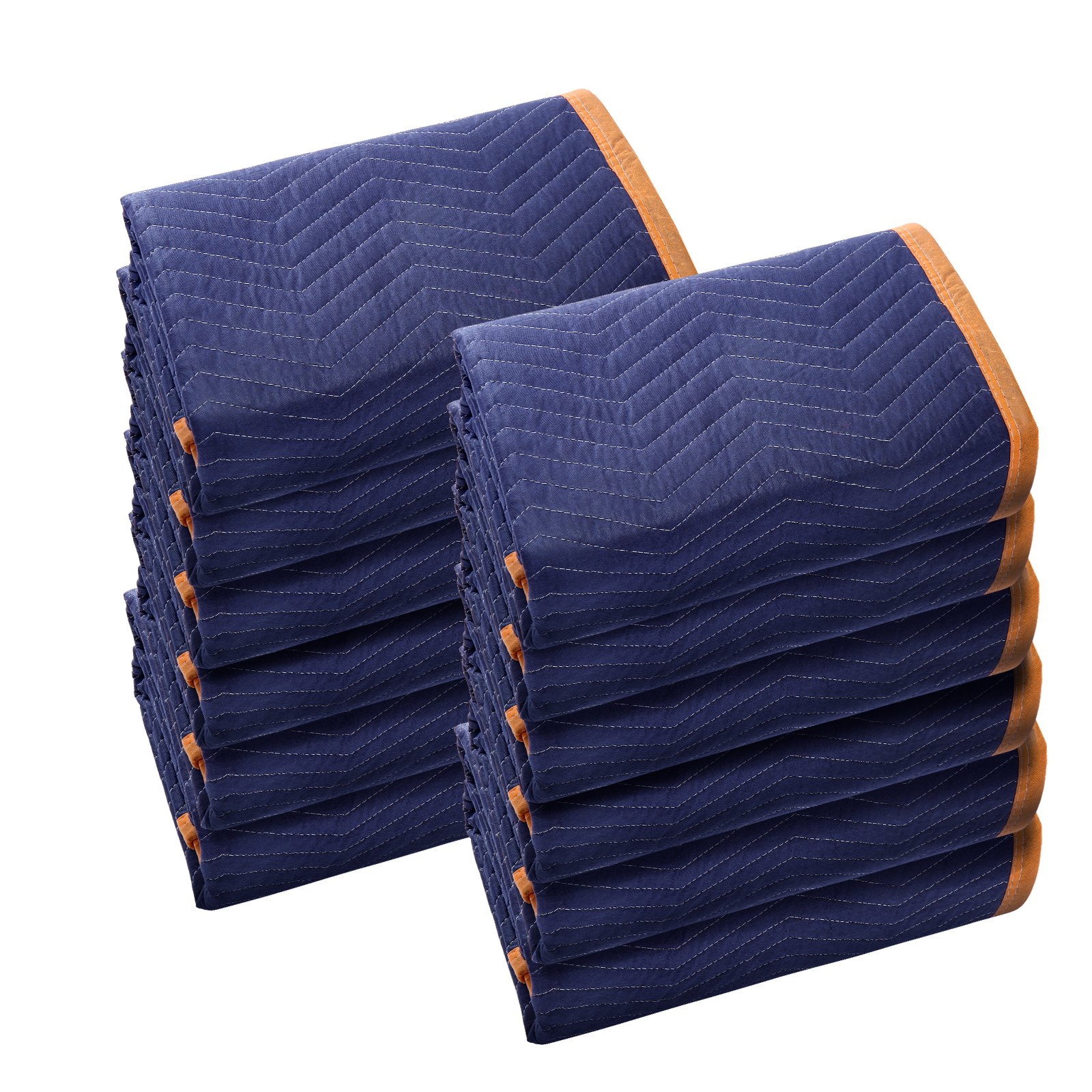 stacked blue VEVOR moving blankets with orange trim, showcasing quilted texture and durability.
