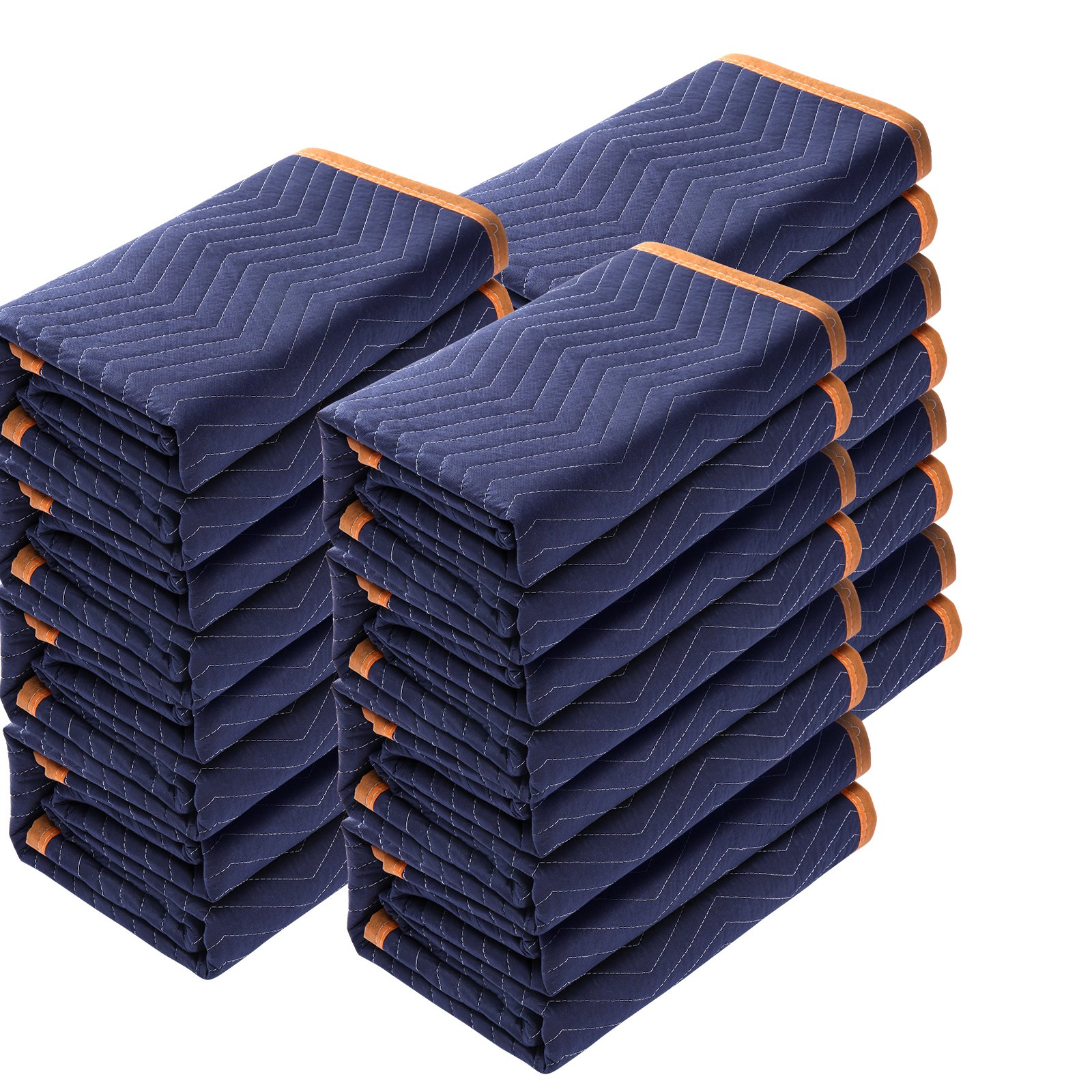 stack of folded VEVOR moving blankets, blue with an orange trim, arranged in two neat piles.