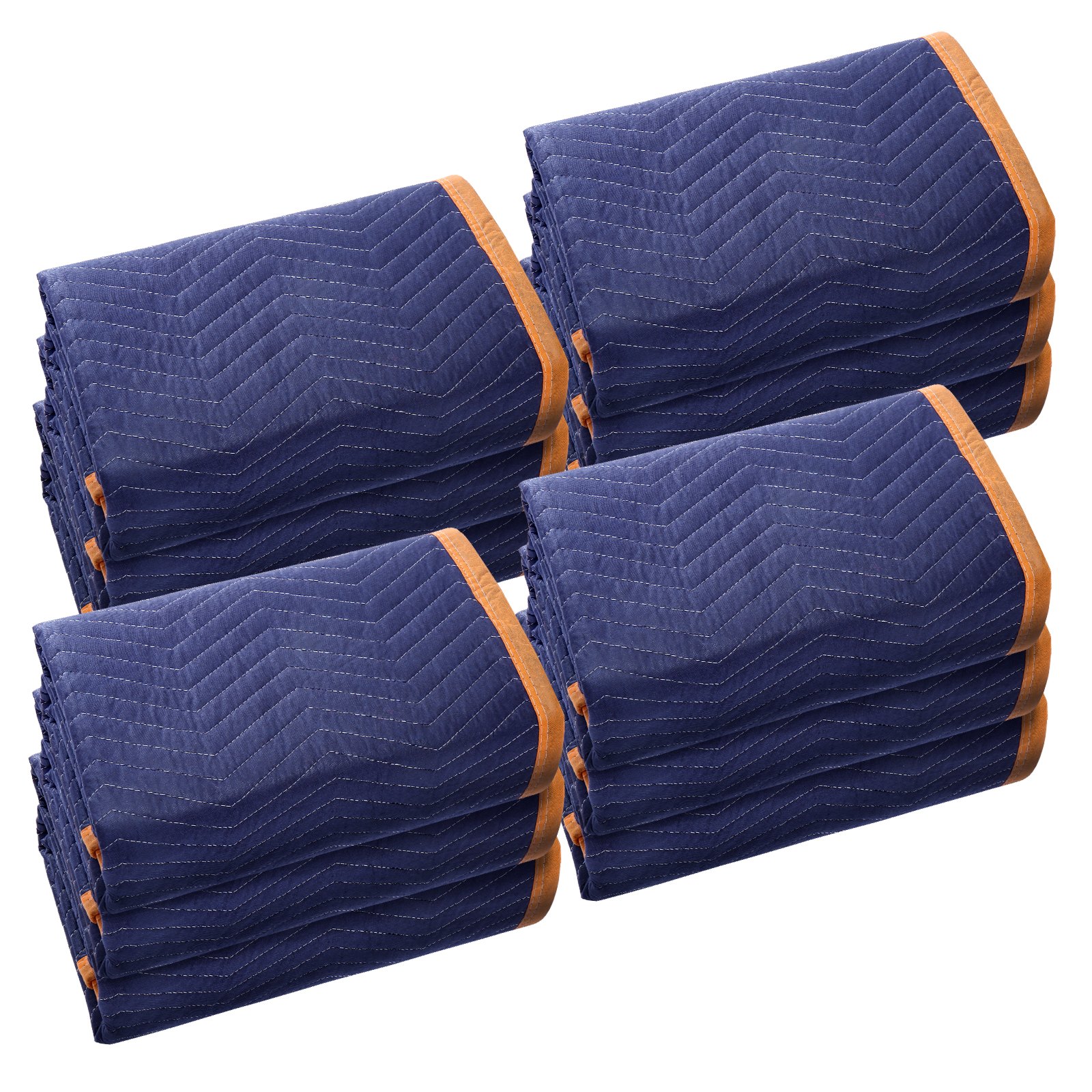 VEVOR moving blankets, folded navy blue with orange trim, stacked in rows for packing protection.