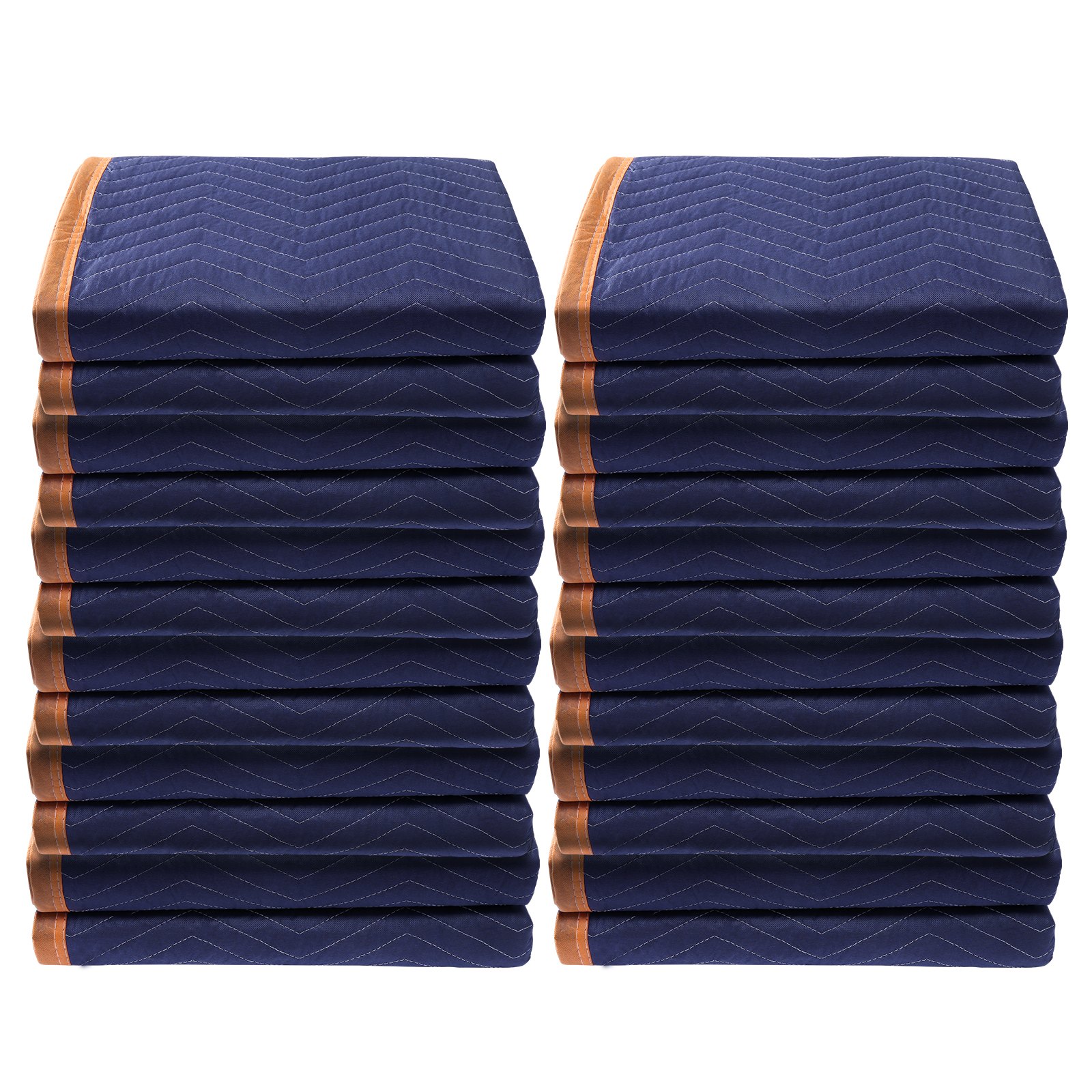 stacked blue VEVOR moving blankets with brown edges in two piles.