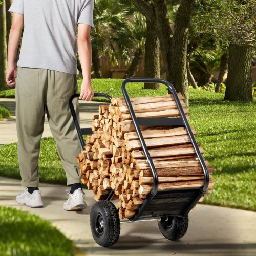 VEVOR Firewood Log Cart, 250 lbs Capacity, Outdoor and Indoor Wood Rack Storage Mover with PU Wheels & Waterproof Cloth, Heavy Duty Steel Dolly Hauler, Firewood Carrier for Fireplace, Fire Pit, Black