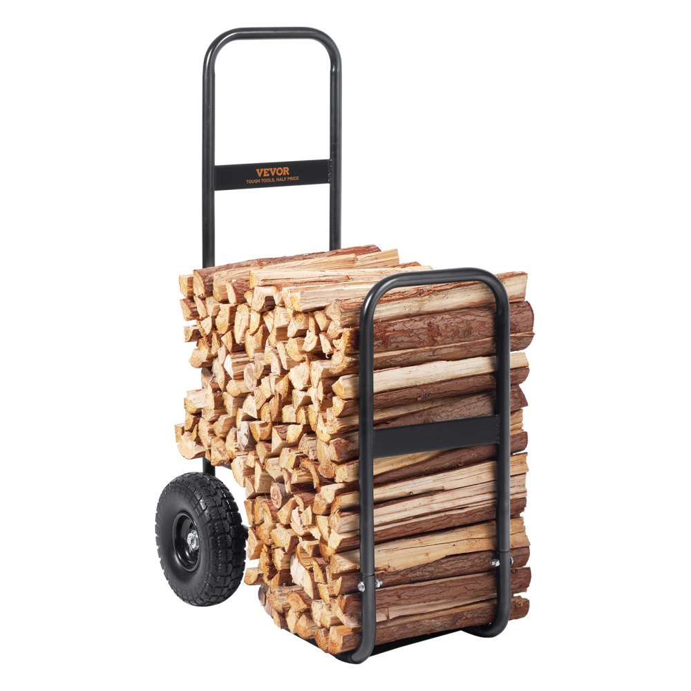 VEVOR firewood log cart filled with neatly stacked firewood logs and featuring sturdy wheels.