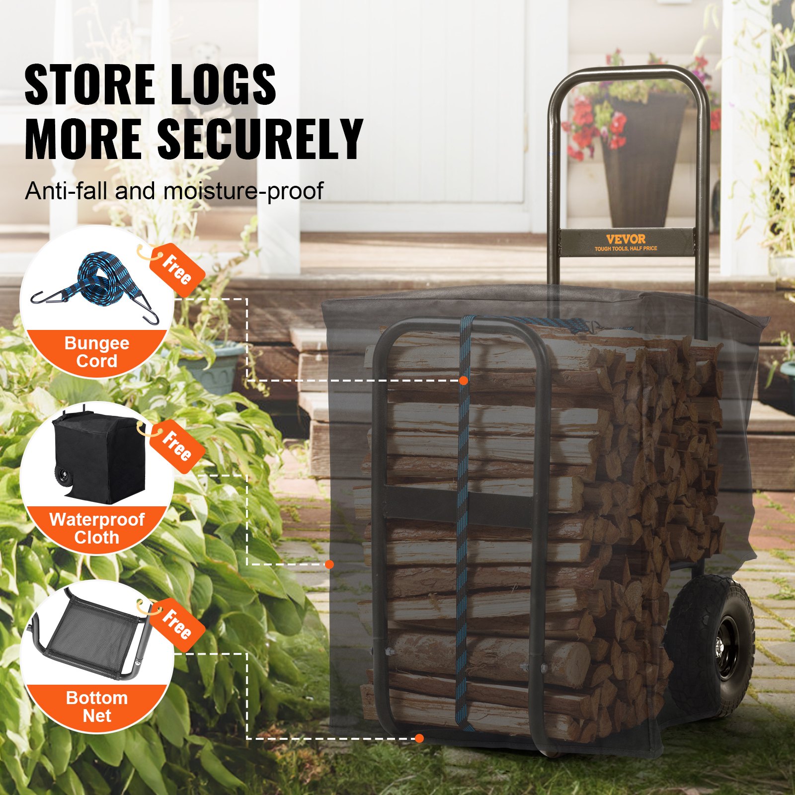 VEVOR firewood log cart with bungee cord, waterproof cloth, and bottom net for secure log storage.