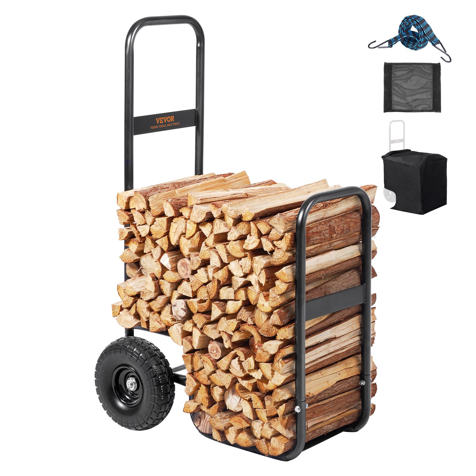 VEVOR firewood log cart loaded with firewood, mesh, storage cover, and tightening strap.