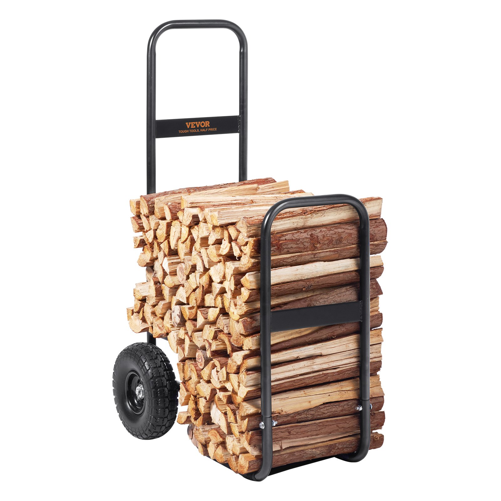 VEVOR firewood log cart filled with neatly stacked firewood logs and featuring sturdy wheels.